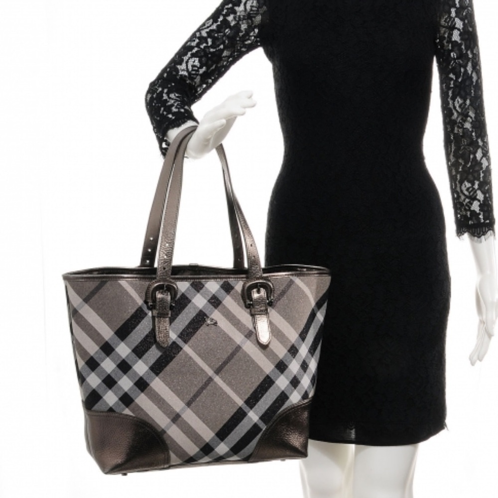 BURBERRY Shimmer Check Byron Tote Silver Black Grey - Picture 2 of 3